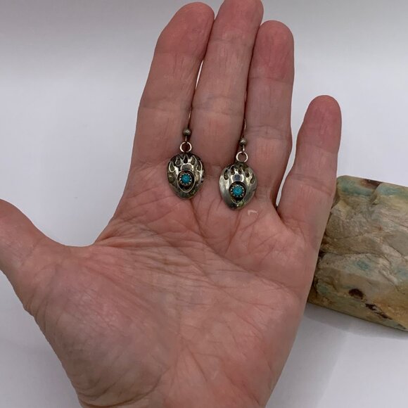 Bear Claw Turquoise Sterling Silver Shadowbox Vintage Earrings Signed RB J783 - Picture 3 of 5